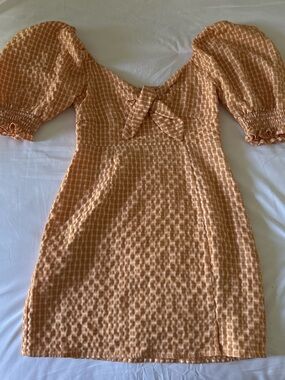 Altar'd State Peach Gingham Tie-Front Puff-Sleeve Mini Dress